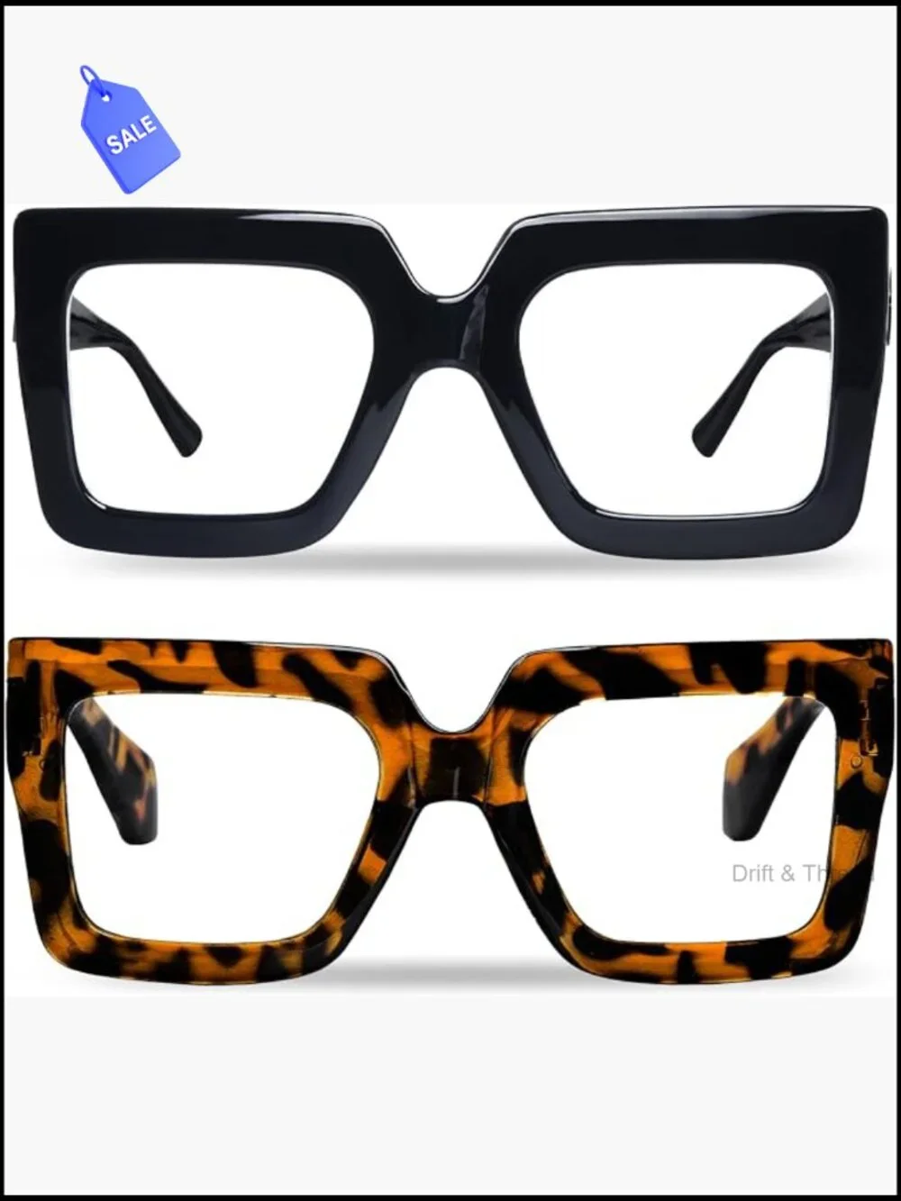 2PC Oversized Square Blue Light Glasses Big Frame Thick Clear Eyewear Women